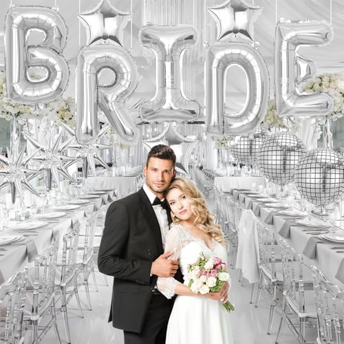 Image of Silver Bride Balloons Bachelorette Party Decorations, 32in Silver Giant Bride Balloons with 4D Disco Ball Balloon and Star Foil Balloon for Bridal Shower Wedding Engagement Party Supplies