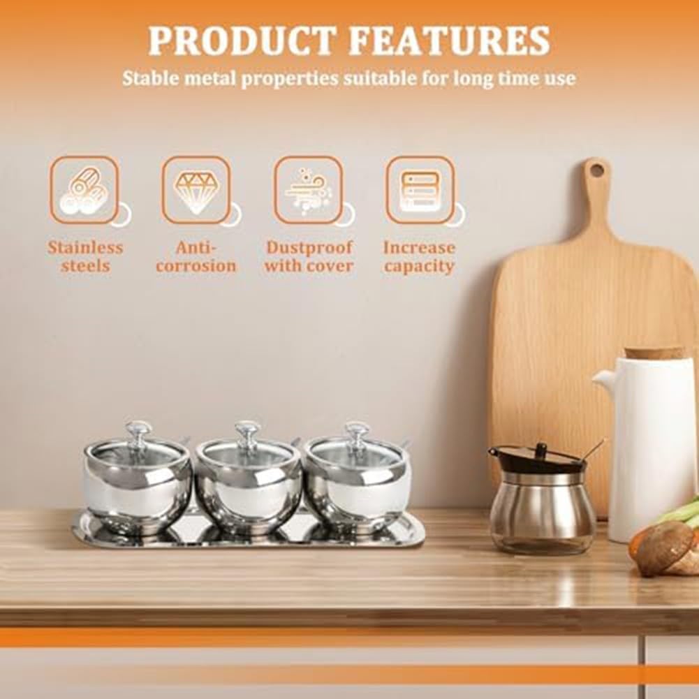 Juego Azucarero para acero Inoxidable 300ml 3 Compartimentos(Three) | para acero inoxidable, 3 compartimentos, 300ml capacidad, incluye cuchara, bandeja y tapa cristal