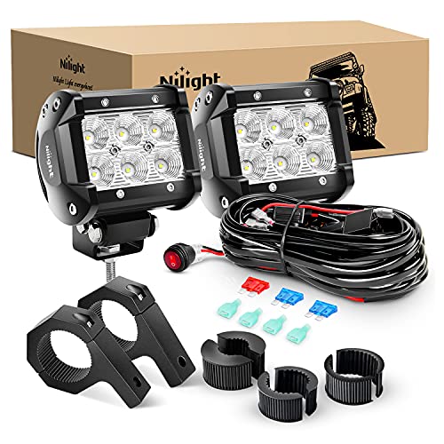 Nilight ZH060 2PCS 4 Inch 18W Flood LED Light Mounting Bracket Horizontal Bar Tube Clamp with Off Road Wiring Harness-2 Leads, 2 Years Warranty