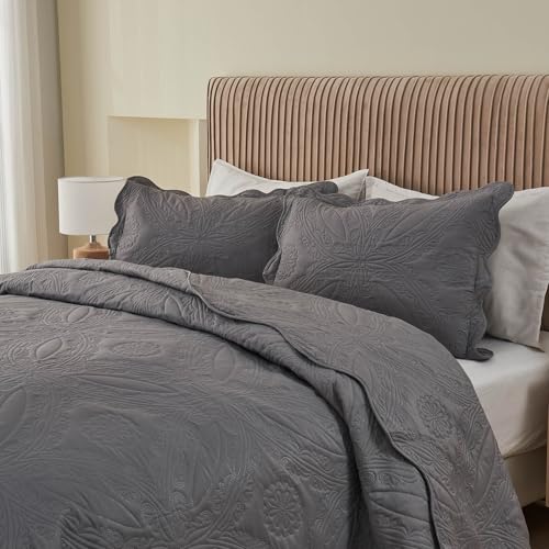 Image of Kingnex Oversized King Bedspreads 128x120 Extra Wide for Tall King or Cal King Bed Ultrasonic Quilted Coverlet Set 3 Piece Include 1 Quilt 2 Pillowcases Dark Grey