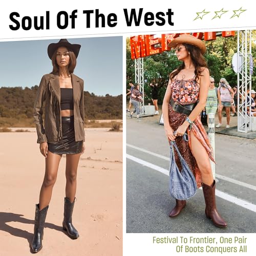 Vepose 9803 Cowboy Boots Women, Cowgirl Embroided Western Pull on Pointed Toe Mid-Calf Chunky Heel Boots with Inside Zipper2