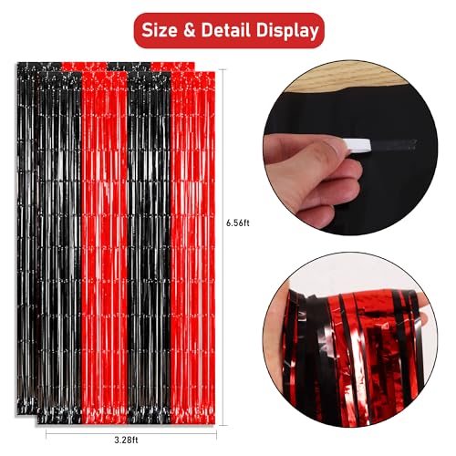 Image of TONIFUL 2Pcs Black and Red Fringe Backdrop Curtain 2026 Graduation Party Metallic Tinsel Foil Fringe Photo Booth Backdrop Door Streamers for Birthday Bachelorette Halloween New Year Party Decorations