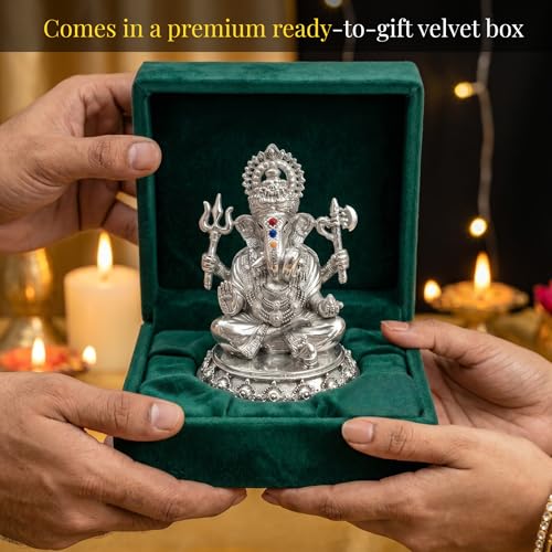 Image of Silver Plated Ganesh Idol 3 Inch with Gift Box | Ganpati Murti for Home Decor, Puja Room, Office Desk & Car Dashboard | Spiritual Housewarming Gift Showpiece