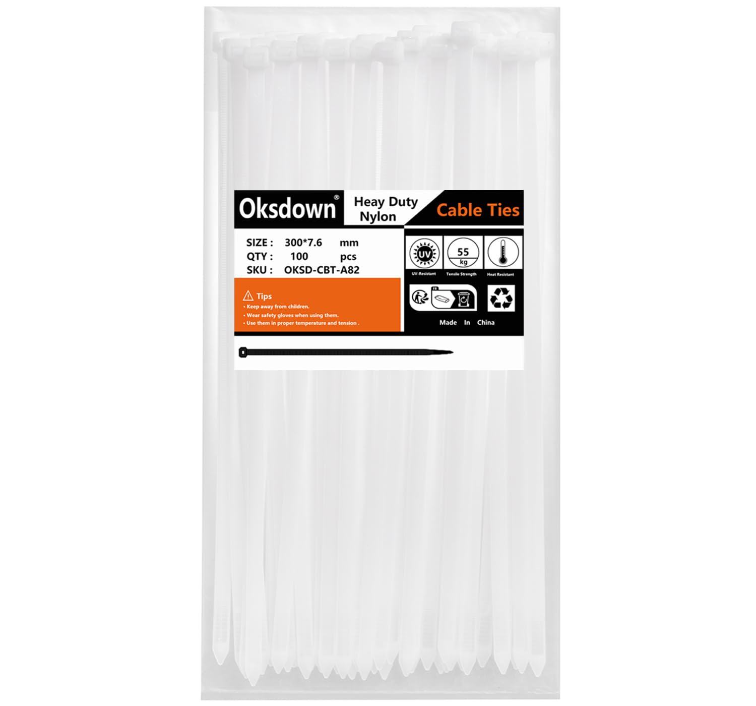 Oksdown White 100 Pack Thick Cable Ties Heavy Duty Large 300Mm×7.6Mm Strong Nylon Plastic Self Locking 12 Inch/30 Cm Extra Long Clear Zip Tie Wraps