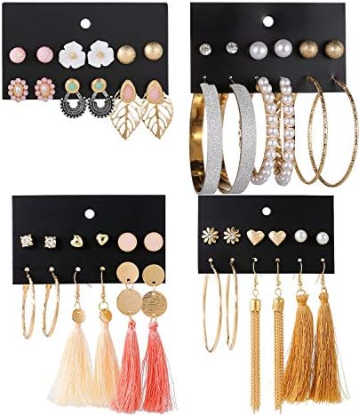 23-44 Pairs Assorted Multiple Stud Hoop Dangle Earrings Set Women Girls Acrylic Round Ball CZ Bohemian Long Tassel Drop Earrings Pack