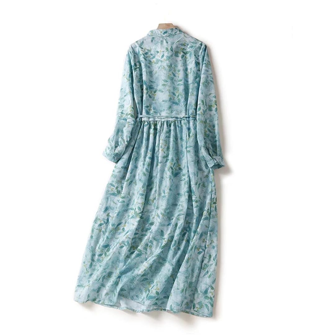 Vestido camisero estampado floral para mujer, manga larga, solapa, casual, acampanado, vestido midi