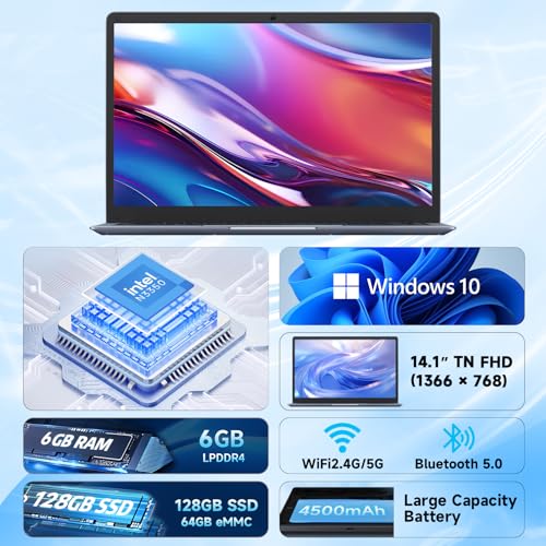 Image of BLUEING 14 Inch Laptop-Computer, Celeron N3350 (Up to 2.4GHz), 6GB LPDDR4 RAM 192GB Storage, WI-FI 5, BT5.0, HD Camera, 34Wh Battery, Home & Study, Lightweight