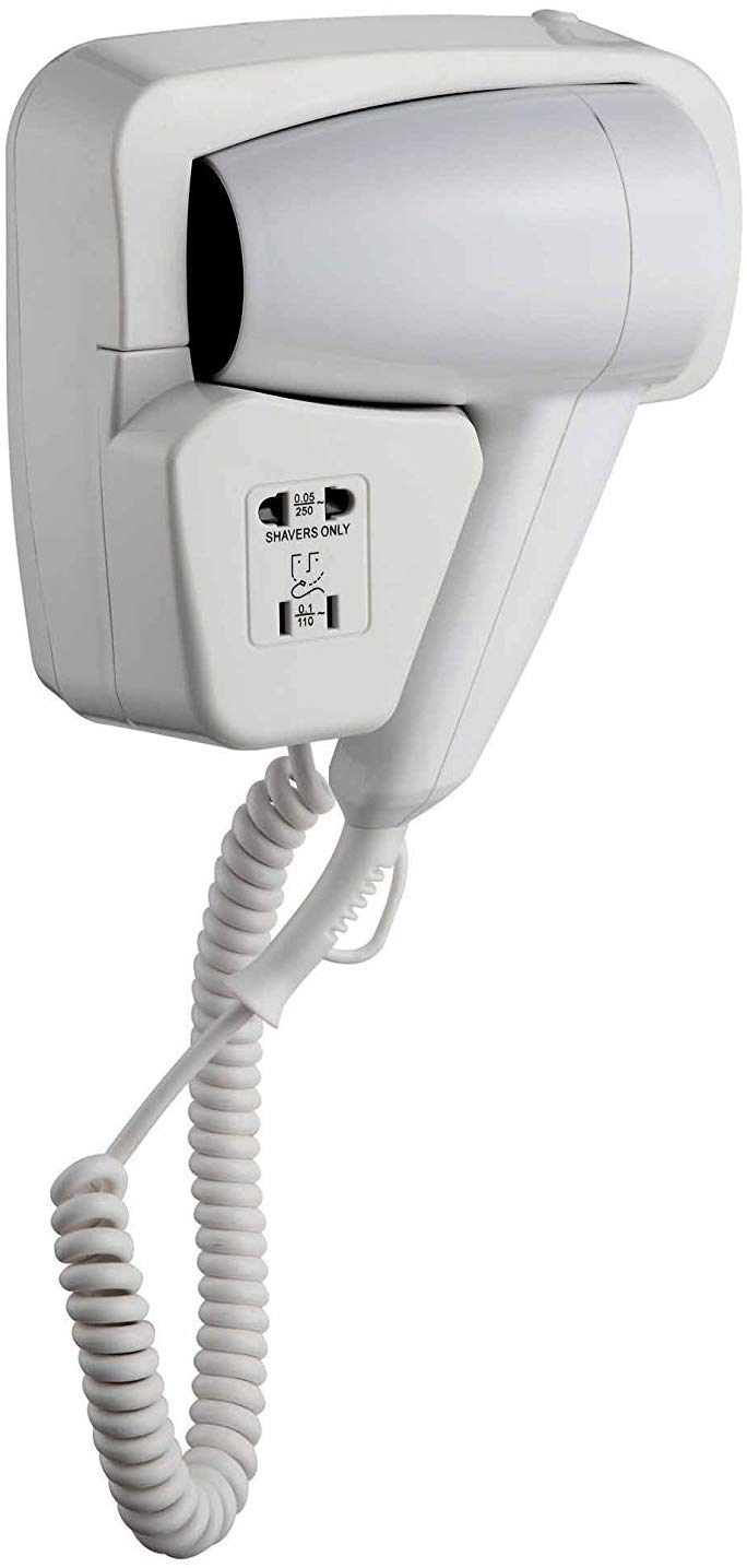 CW512-4 - Secador de pelo de pared de 1300 W para hotel, B&B, gimnasio, profesional Phon con soporte de pared, seguridad IP21, enchufe de afeitadora integrado, color blanco