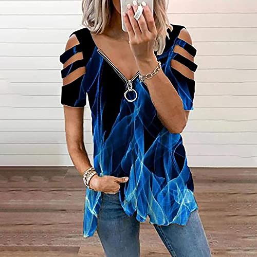 Summer Women Cold Shoulder Tshirt Tops Casual Sexy Loose Fit V Neck Blouses Fashion Short Sleeve Zipper Tunic Tees #TOP1