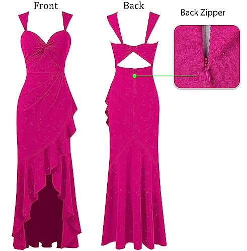 Image of VFSHOW Womens Glitter Sweetheart V Neck Twist Front Backless Ruched Ruffle Slit Formal Evening Gown Maxi Dress