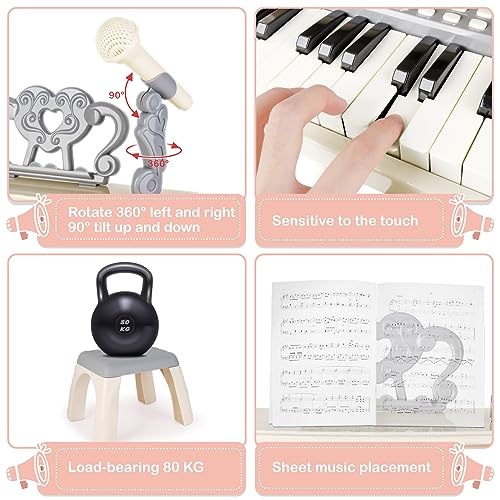 deAO Toddler Piano for Kids 3-6 Years - 25 Key Baby Piano Musical Toy with Stool & Microphone-Educational Toys Birthday Christmas Girls Gifts (White)