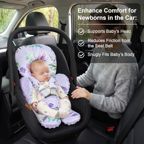 Image of Infant Car Seat Insert for Newborn Girls, Extra Thick & Soft Minky Preemie Car Seat Head Body Support Cushion with Strap Pads, Perfect for Stroller, Baby Bouncer, 2-in-1 Reversible, Purpke Floral