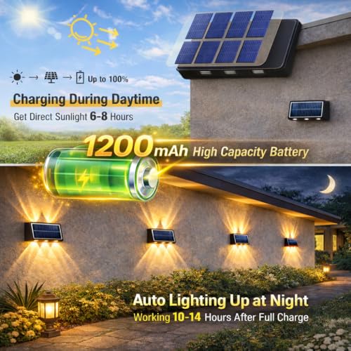 Image of Gesto 6W Solar Wall Lights Outdoor Waterproof IP65, Warm White Up & Down Wall Lamp with 1200mAh Battery, Auto ON /Off Dusk to Dawn, Exterior Light for Garden Fence Gate Patio Pathway Elevation Balcony