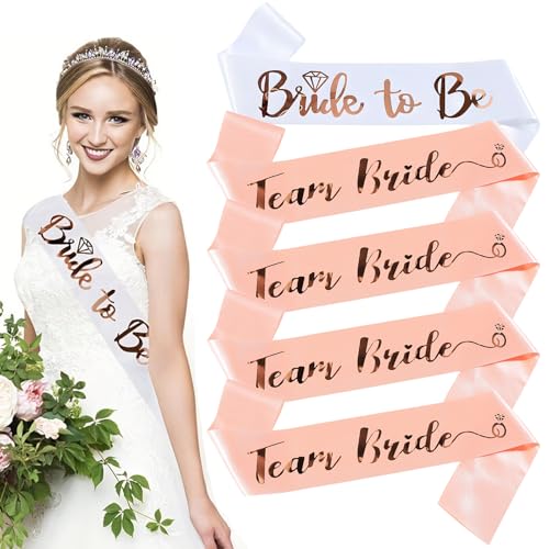 poraceous 5 Stück Bride to be Schärp, Deko Schärpe Set, 1 White Bride to Be + 4 Team Bride Sash, mit Glänzender Rose-Gold-Schrift Schärpe, für Braut Bachelorette Party Frauen, Brautparty Hochzeit