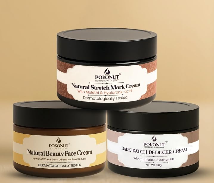 Image of Pokonut Natural Skincare Trio | Stretch Marks Cream + Face Cream + Dark Patch Reducer | Ayurvedic Formula with Hyaluronic Acid, Niacinamide, Wheat Germ Oil | 100% Herbal, Dermatologically Tested | For Glowing & Even Skin Tone | Pack Of 3