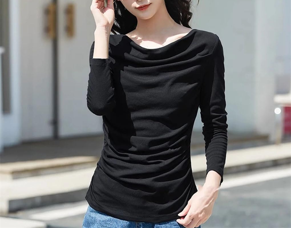 Camiseta de manga larga para mujer, cuello redondo, color liso, estilo clásico, plegable, para oficina