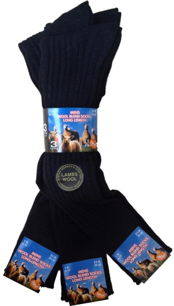 Mens Superior Quality Lambs Wool Blend *Longer Length* Ribbed Socks UK 6-11 Eur 39-45 (Pack of 3 Pairs) (Black)