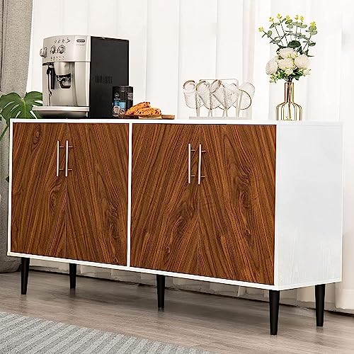 Sideboard Buffet Cabinet, 58’’ Kitchen Buffet Storage Cabinet With 4 Doors, White Sideboards And Buffet With Storage, Mid Century Modern Accent Cabinet Adjustable Shelf, Credenzas For Living Room #TOP7