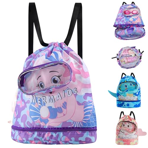 Cyiecw Mochila de natación para niños con cordón, bolsa de deporte húmeda y seca, resistente al agua, con compartimento para zapatos y zona de gafas, mochila de gimnasio para niñas y niños, sirenita
