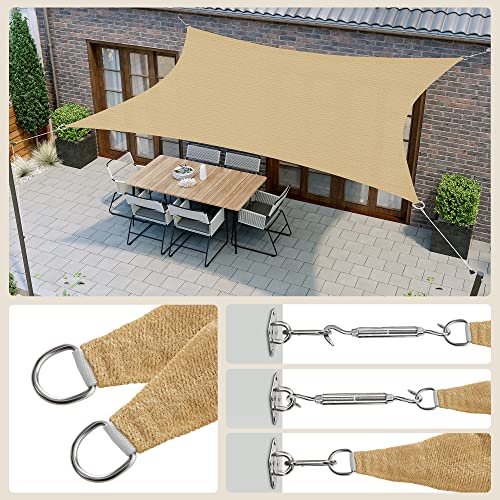 SONGMICS Żagiel przeciwsłoneczny, 3 x 3 m, tkanina HDPE, oddychająca, wodoodporna, na taras, do ogrodu, na balkon, kemping, kwadratowy, wklęsły, linka 2 m, piaskowożółty, GSS33EYV1
