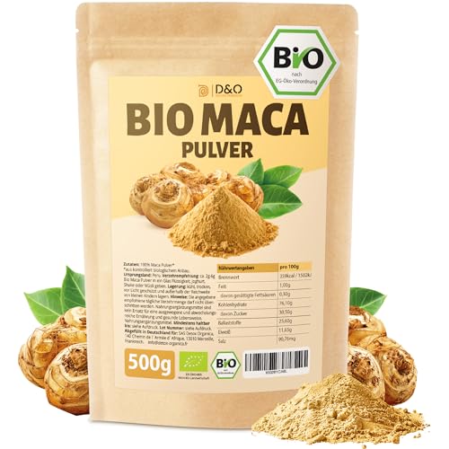 D&O Nature Products Maca Pulver Bio, Gemahlene Macca Wurzel aus Peru, 100% natürlich und vegan root powder, Maccapulver aus biologischem Anbau, Bio Pulver ohne Zusatzstoffe, Organic Macc (500g)