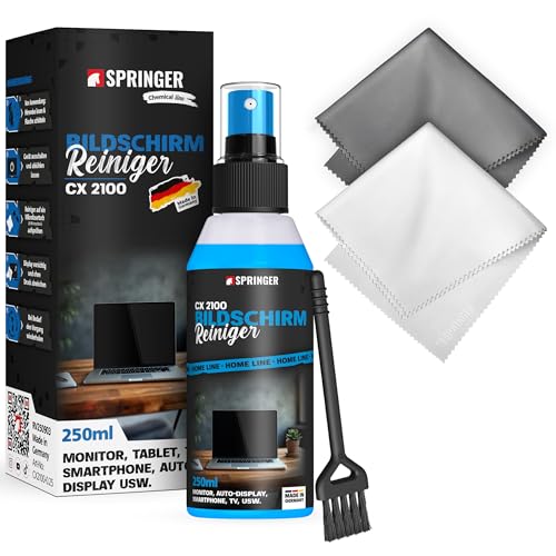 SPRINGER CX2100 - - Bildschirmreiniger Set 250 ml - - Made in Germany - - Schonender Reiniger für alle Displays (z.B. Handy, Laptop, TV) - - LCD, LED, OLED, TFT - - Gegen Fett und Fingerabdrücke