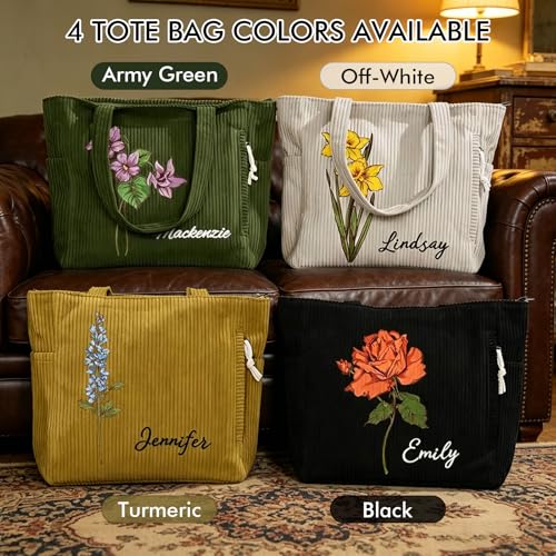 Bolso Tote de pana con flor de nacimiento personalizado para mujer miniatura 6