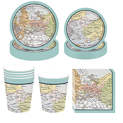 68Pcs Happy Retirement Party Supplies, DreamJ Retirement World Awaits Disposable Tableware with Travel Party Tableware Plates Cups Napkins More for Retirement Travel Party Supplies