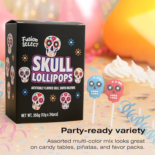 Fusion Select 24 Pcs Sugar Skull Lollipops - Colorful Halloween & Day of the Dead Candy - Individually Wrapped Novelty Treats for Kids - For Trick or Treat, Themed Party Favors & Celebrations - image 5