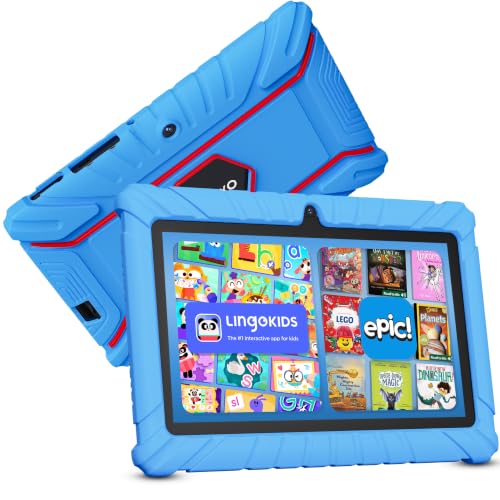 Image of Contixo 7 inch Kids Tablet Bundle, Tablet with Headphones & Sleeve Bag - Blue | 7-Inch Kids Tablet Bundle | Plus trial access to Lingokids & Epic Apps | Parental Controls | 32GB | Headphones | Sleeve Bag