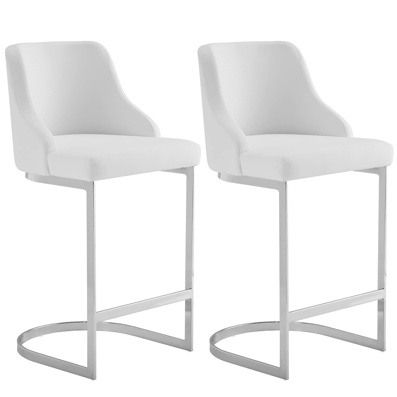 Bar Stools Set of 2, Counter Height 26" Bar Stools with Back, Modern Counter Stools with Steel U-Shaped Base, Upholstered PU Leather Barstool for Kitchen Counter Island, White