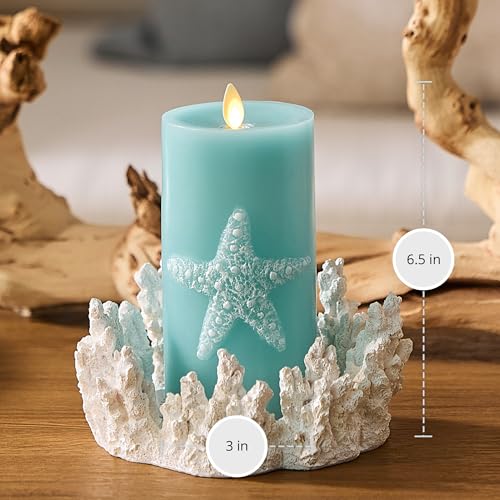 Image of Luminara Embossed Starfish Flameless LED Candle Moving Flame Pillar Unscented Real Wax with Recessed Edge - 3 inch x 6.5 inch (Soft Teal)