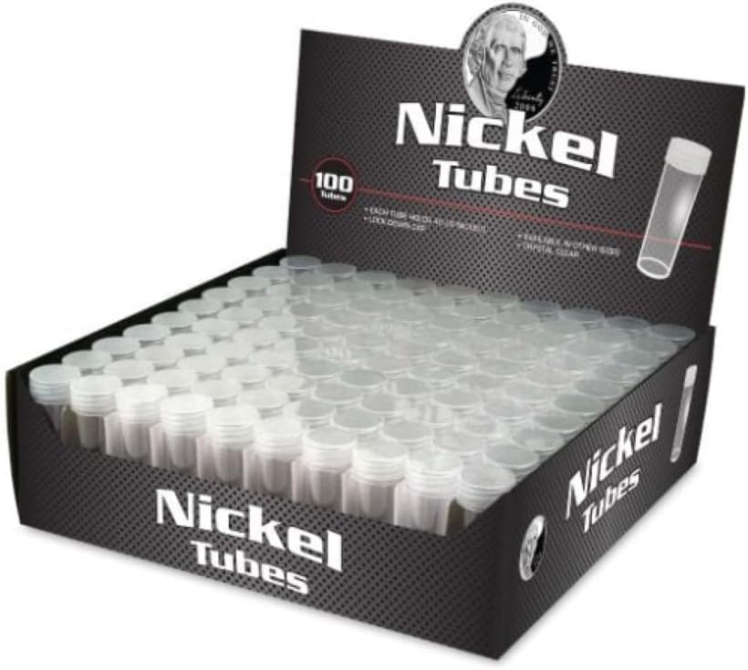 Coin Storage Tubes, Round Clear Plastic W/Screw on Tops for Nickels (Quantity of 5 Tubes)