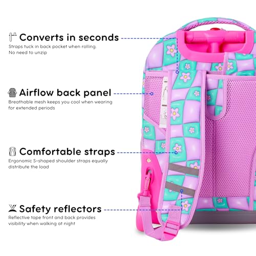 Image of J World Sunrise Kids Rolling Backpack with Wheels for Girls Boys, Roller Bookbag for School, 18 x 13 x 9 Inches, Puffy Flower