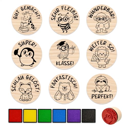 9 Stück Holz Stempel Lehrer Tiere Motivstempel Set für Lehrer Motivationsstempel Schule Schulkind Belohnung Lehrer Geschenk Lehrerstempel