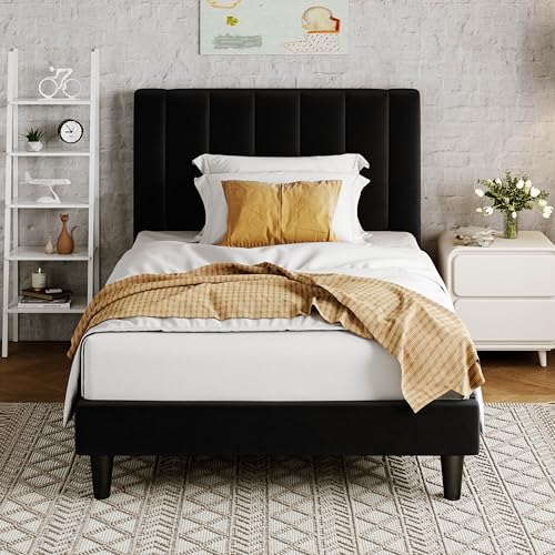 Image of Allewie Twin Bed Frame /Velvet Upholstered Bed Frame with Vertical Channel Tufted Headboard /Strong Wooden Slats /Platform Bed Frame /Mattress Foundation /Box Spring Optional /Easy Assembly /Black