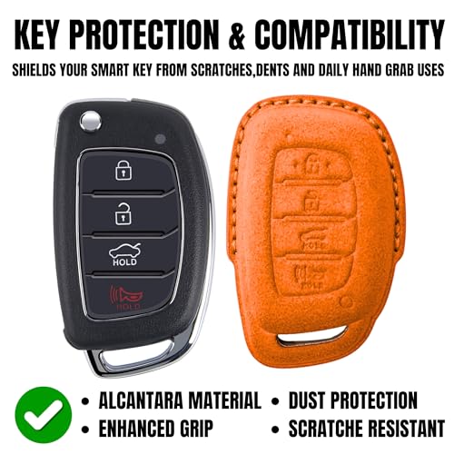 Image of KMH Alcantara Car Key Cover Compatible with Hyundai Alcazar Creta 2022 Venue i20 Tucson Elantra Smart keycover with Keychain 4 Button Shell Case Key Smart Keycover with Keychain (D2) Orange, Pack of 1