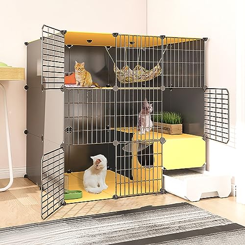 屋内、大型、トイレ付き、猫用プレイペン、猫用囲い、取り外し可能なワイヤー犬小屋、小動物用ケージ、猫に最適な大型運動場(111x95x111cm)