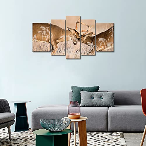 5 Panel Wall Art White Tailed Deer Bucks Sparring Painting Pictures Print On Canvas Animal The Picture For Home Modern Decoration Piece (Stretched By Wooden Frame,Ready To Hang) #TOP1