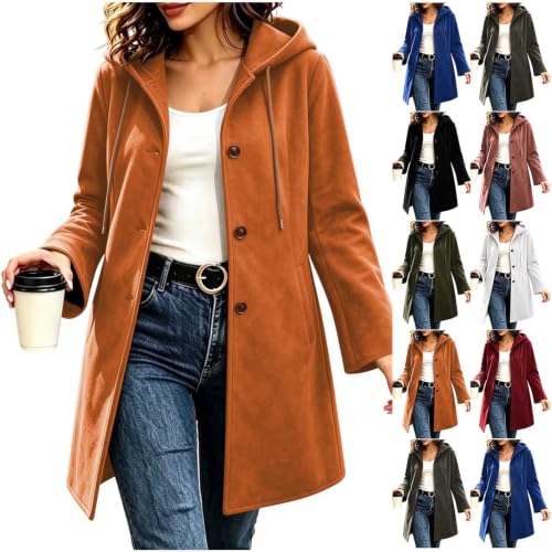 SHOPESSA Faux Suede Jacket Women Long Button Hooded Trench Coat with Pocket - image 1