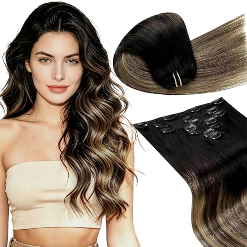 Image of LaaVoo Clip in Hair Extensions Ombre Quick Installation Straight Remy Hair | Human Hair Extensions Clip Ins, Black Ombre Brown Mix Caramel Brown, 24inch 140g 7pcs, Add Volume, For Long Hair, For Party