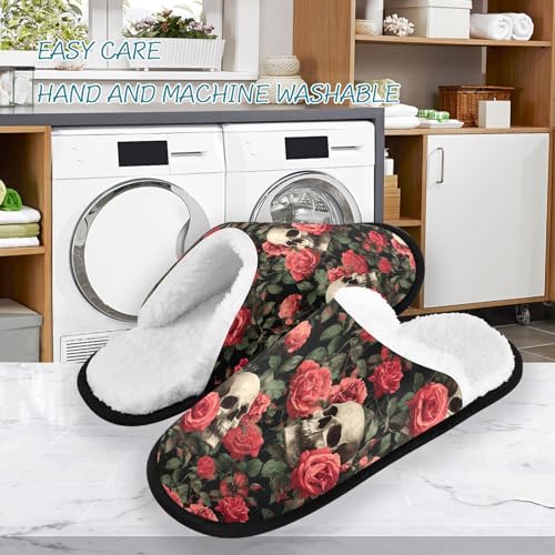 Retro Skull Pink Rose Slippers For Women Men Soft Memory Foam Non-Slip Halloween Winter Indoor House Shoes Travel Slipper3