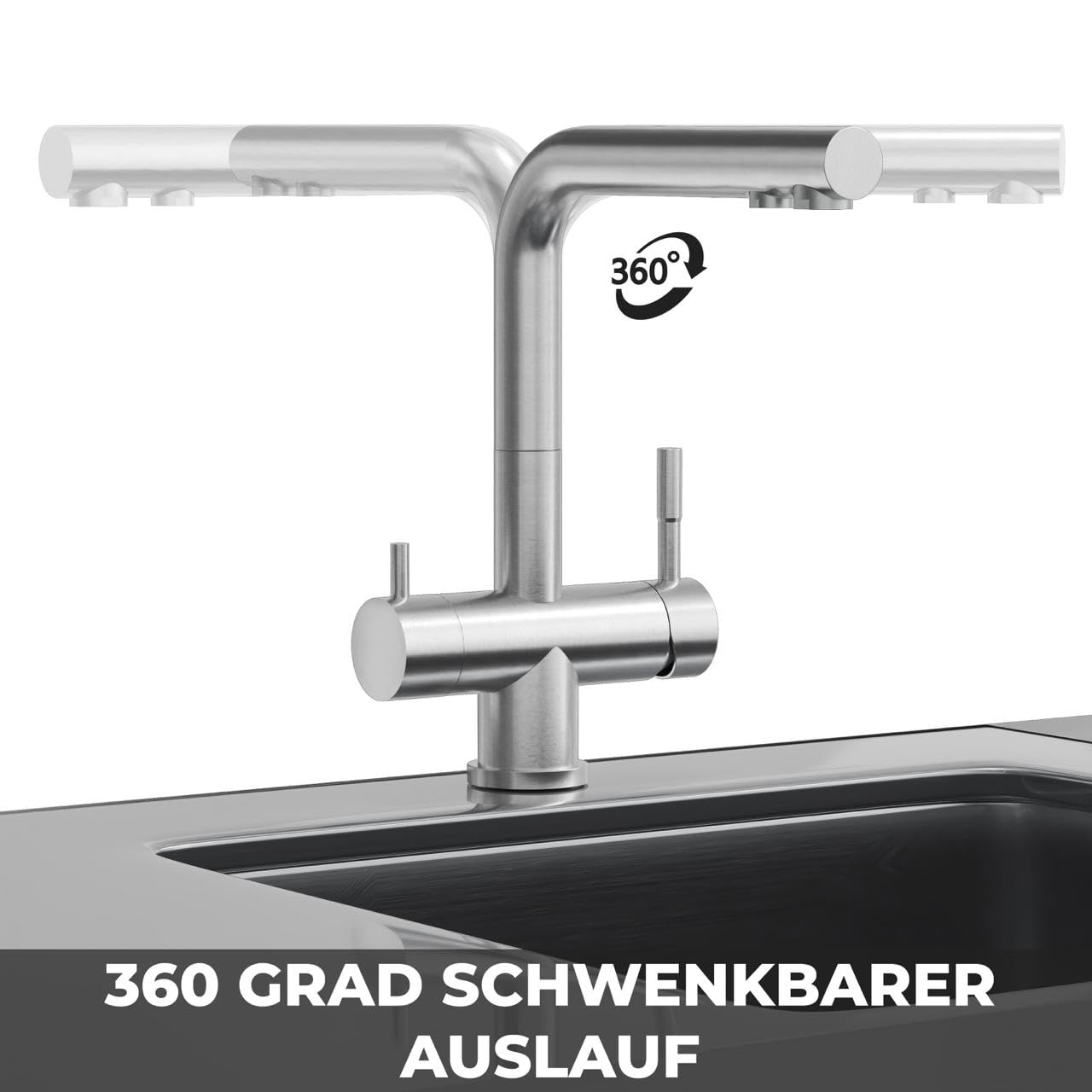 AORA® | LOUIS INOX 3-drożny kran ze stali nierdzewnej | armatura kuchenna obracana o 360° z masywnej stali nierdzewnej 304 | armatura zlewozmywakowa do filtrów wody, instalacji osmotycznych | kran filtra wody