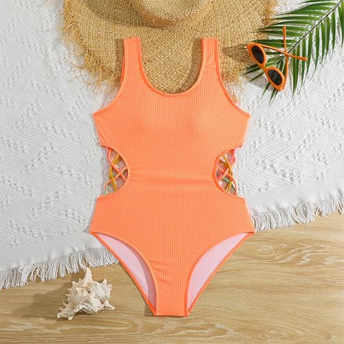 Girls One Piece Swimsuits Ribbed Spaghetti Strap Monokini Solid Bathing Suit for Kids Teens, Beach Sport Swimwear2