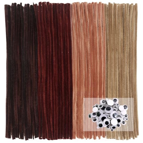 Toaob 200Pcs Pipe Cleaners Crafts Supplies Brown Chenille Stems Thick And Assorted Size Wiggle Googly Eyes For Making Crafts Decoration Flowers Animals