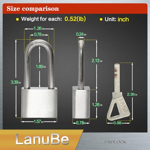 Image of Lanube 304 Stainless Steel Keyed Alike Marine Padlocks for Outdoor use, 1-9 /16 inch Wide Body, Stainless Steel Body Long Shackle, Pack of 2