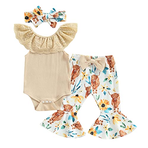 Image of Fernvia Infant Baby Girl Clothes Suspenders Short Sleeve Ribbed Romper Flared Pants Set Headband 3pcs Summer Outfit