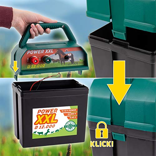 Power XXL B 12.000 Weidezaungerät 9V/12V Set mit Batterie und internationalem Warnschild, Elektrozaungerät, Weidezaun, Rind Pferd Pony Hund Katze Schaf Geflügel