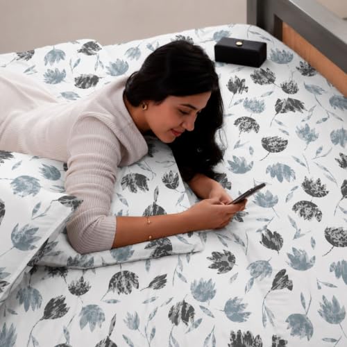 Image of Jaipur Weaves Cotton Linen Feel King Size Bedsheet 108x108 Super King, 100% Pure Cotton Bed Sheet with 2 Pillow Covers, 300 TC Soft Breathable Floral Design Bedding -(Tulips Blue, Super King)