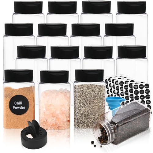 LOSYHU 16 Pack Plastic Spice Jars Bottles with Lid, 8.8oz(250ml) Plastic Seasoning Bottle Spice Storage Containers Clear Seasoning Jars Containers Square Spice Bottles for Spice Herbs Powders Storage